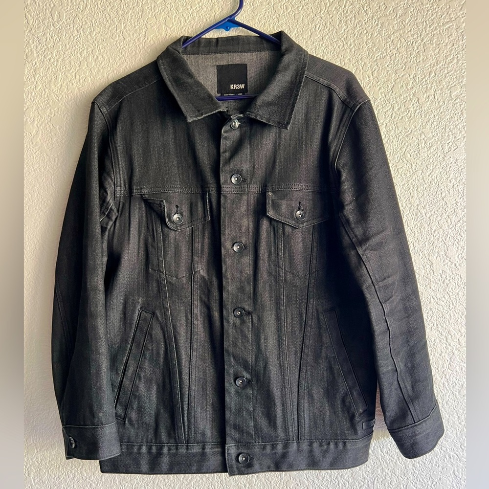 Mens Size Large Black Denim Button Down Jean Jacket Long Sleeve By KR3W